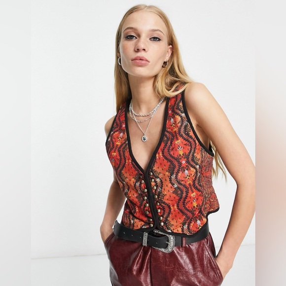 Free People Jackets & Blazers - Free People Women Gemini Quilted Vest Top Floral Rust Combo Boho Festival XS S M